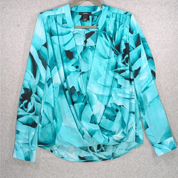 Alfani Floral Crossover Top Green Aqua Black Long Sleeve Roll Tab Size 8 - Picture 7 of 15